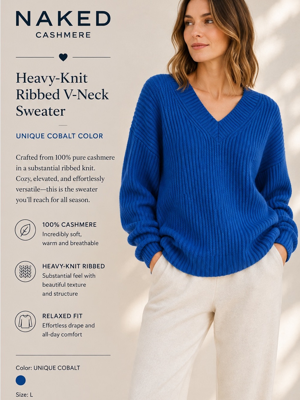 NakedCashmere BEAUTIFUL Cobalt Blue Heavy-Knit Ribbed V-Neck Sweater, Rare!